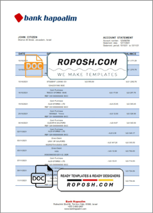 Israel Hapoalim proof of address bank statement template in Word and PDF format