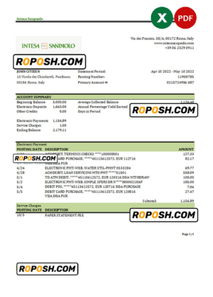Italy Intesa Sanpaolo bank statement Excel and PDF template