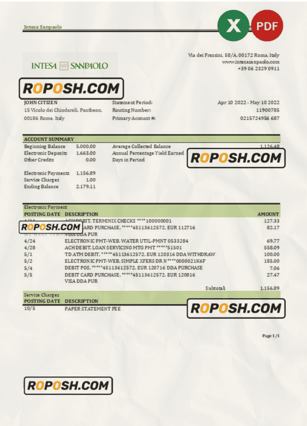Italy Intesa Sanpaolo bank statement Excel and PDF template