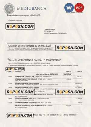 Italy Mediobanca bank statement Word and PDF template