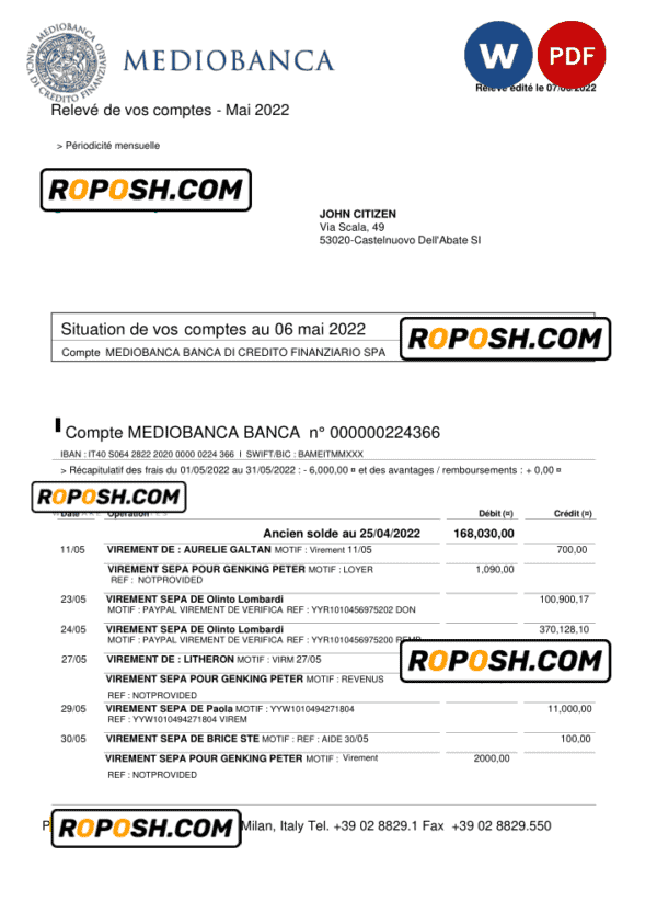 Italy Mediobanca bank statement Word and PDF template