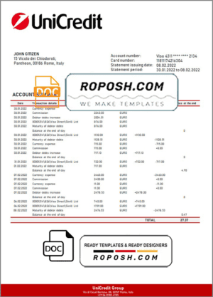 Italy Unicredit bank statement template in .doc and .pdf format, fully editable