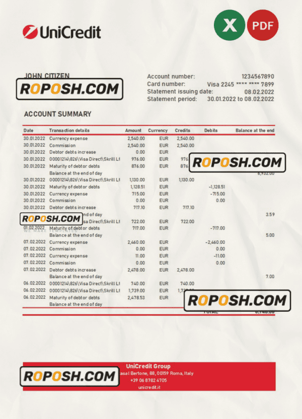 Italy Unicredit bank statement Excel and PDF template