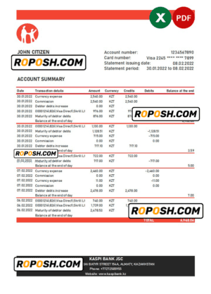 Kazakhstan Kaspi bank statement Excel and PDF template