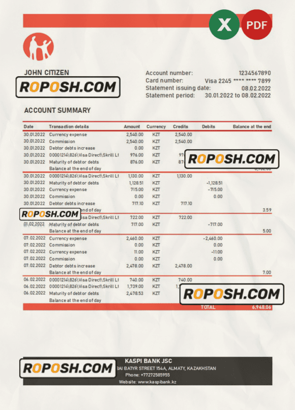 Kazakhstan Kaspi bank statement Excel and PDF template