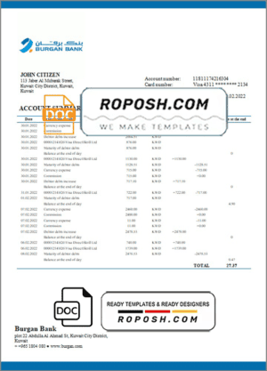 Kuwait Burgan Bank statement template in Word and PDF format