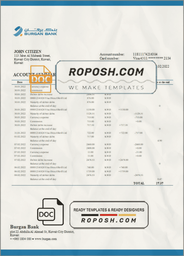 Kuwait Burgan Bank statement template in Word and PDF format