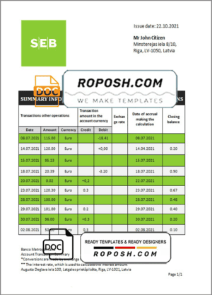 Latvia SEB Bank statement template in Word and PDF format