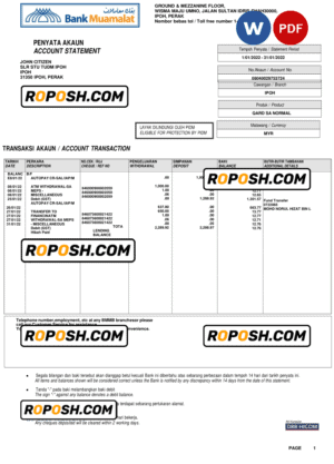 Malaysia Bank Muamalat bank account statement, Word and PDF template