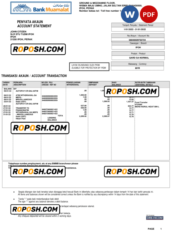 Malaysia Bank Muamalat bank account statement, Word and PDF template