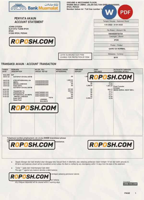 Malaysia Bank Muamalat bank account statement, Word and PDF template