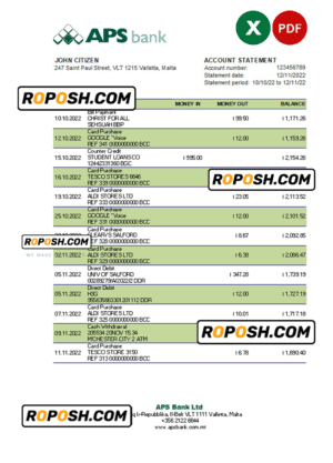 Malta APS bank statement Excel and PDF template