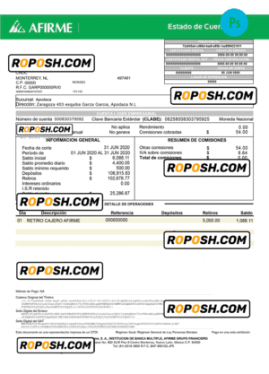 Mexico Afirme bank account statement PSD template, fully editable