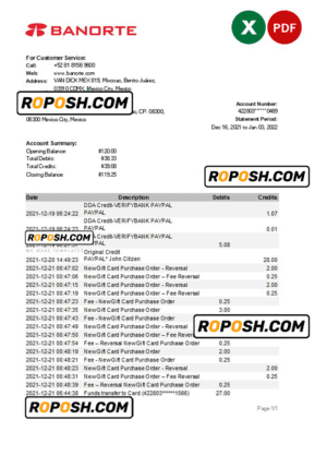 Mexico Banorte bank statement Excel and PDF template