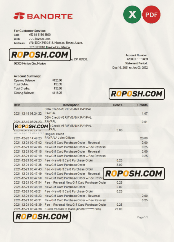Mexico Banorte bank statement Excel and PDF template
