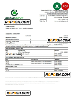 Moldova Mobiasbanca bank statement Excel and PDF template