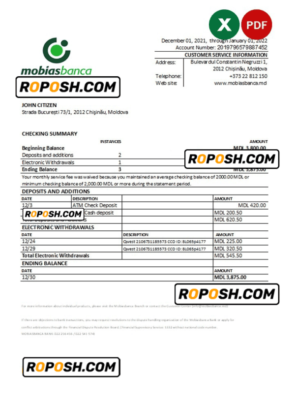 Moldova Mobiasbanca bank statement Excel and PDF template