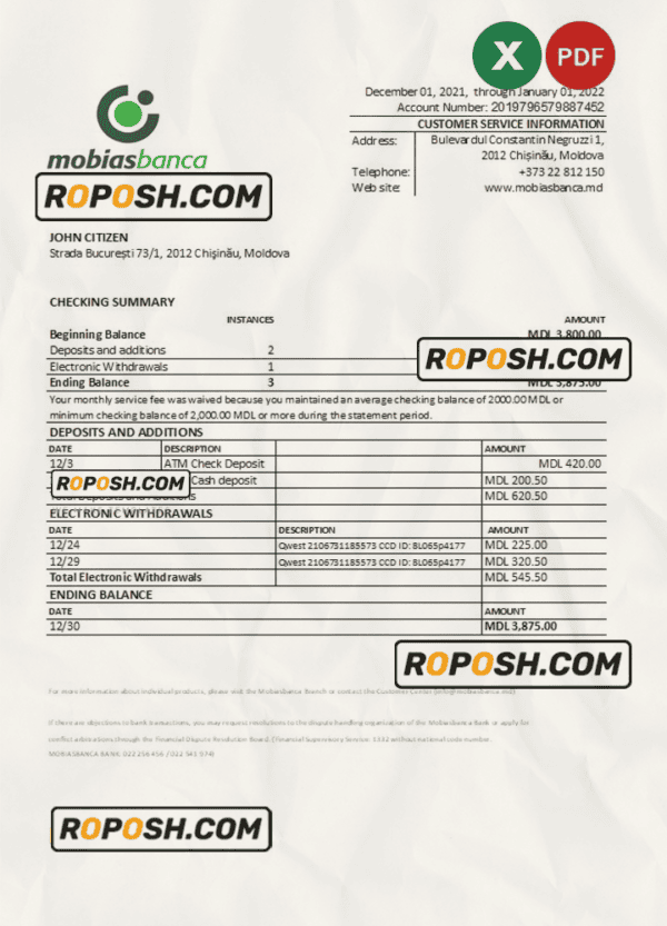 Moldova Mobiasbanca bank statement Excel and PDF template