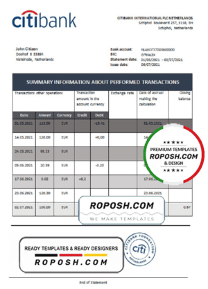 Netherlands Citibank bank statement template in .xls and .pdf file format