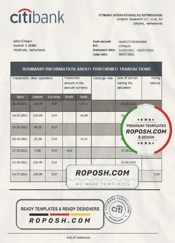 Netherlands Citibank bank statement template in .xls and .pdf file format