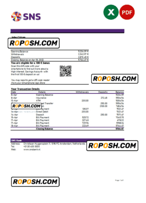 Netherlands SNS bank statement Excel and PDF template