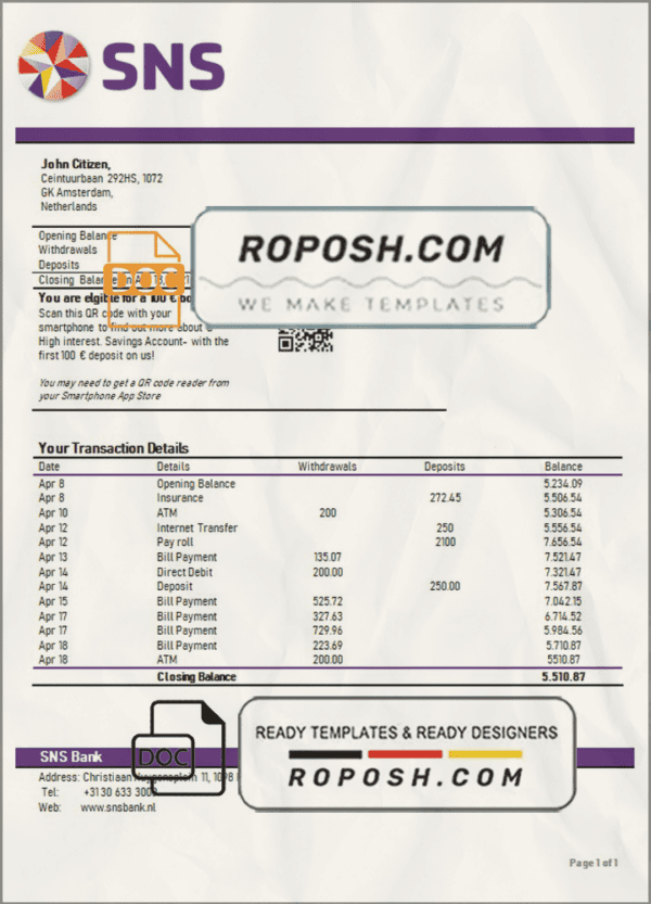 Netherlands SNS bank statement template in Word and PDF format
