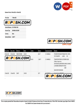 Nigeria Guaranty Trust Bank (GTBank) savings account statement Word and PDF template