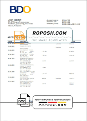 Philippines BDO bank statement template in Word and PDF format
