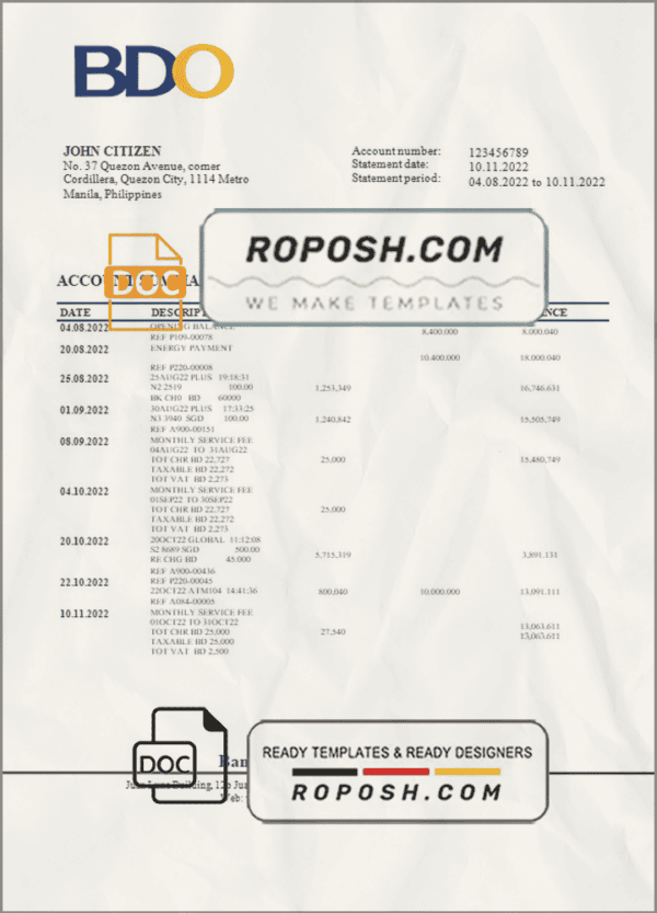 Philippines BDO bank statement template in Word and PDF format