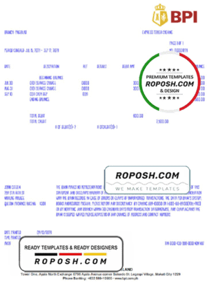 Philippines Bank of the Philippine Islands (BPI) bank statement template in Word and PDF format, version 2