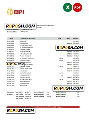Philippines Bank of the Philippine Islands bank statement Excel and PDF template