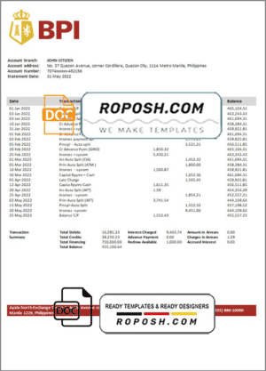 Philippines Bank of the Philippine Islands bank statement template in Word and PDF format