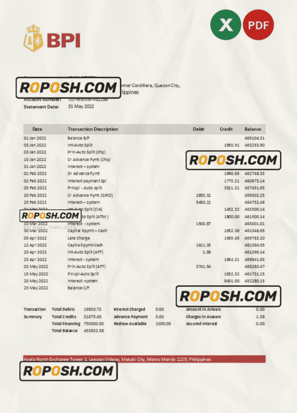 Philippines Bank of the Philippine Islands bank statement Excel and PDF template
