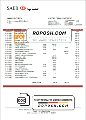 Saudi Arabia SABB bank statement template in Word and PDF format