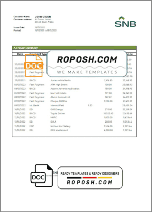 Saudi Arabia SNB bank statement template in Word and PDF format