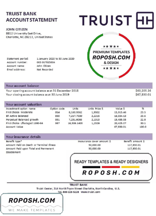 USA Truist bank proof of address statement template in Word and PDF format