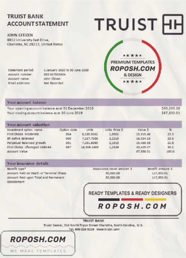 USA Truist bank proof of address statement template in Word and PDF format