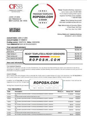 USA New York CFSB bank statement easy to fill templates in Word and PDF format
