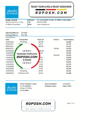 USA Charles Schwab & Co bank statement easy to fill template in .xls and .pdf file format