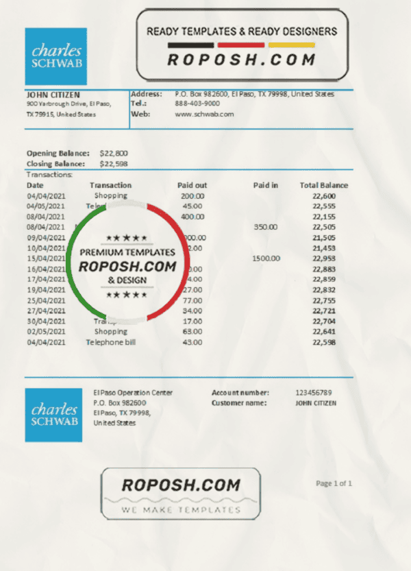 USA Charles Schwab & Co bank statement easy to fill template in .xls and .pdf file format