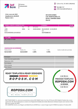 Spain Self Bank proof of address statement template in Word and PDF format, .doc and .pdf format