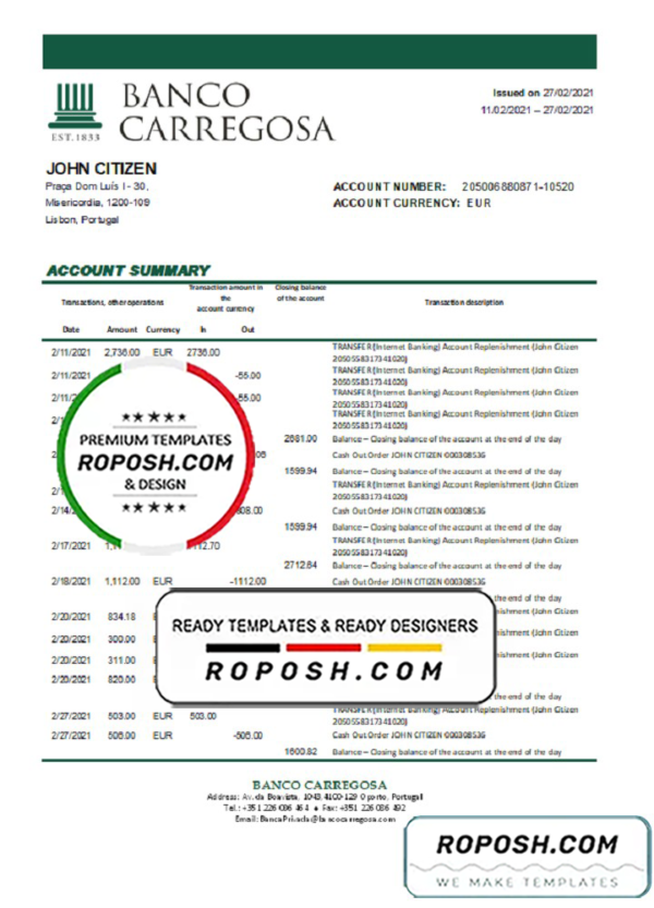Portugal Banco Carregosa bank statement template in Excel and PDF format, .xls and .pdf format