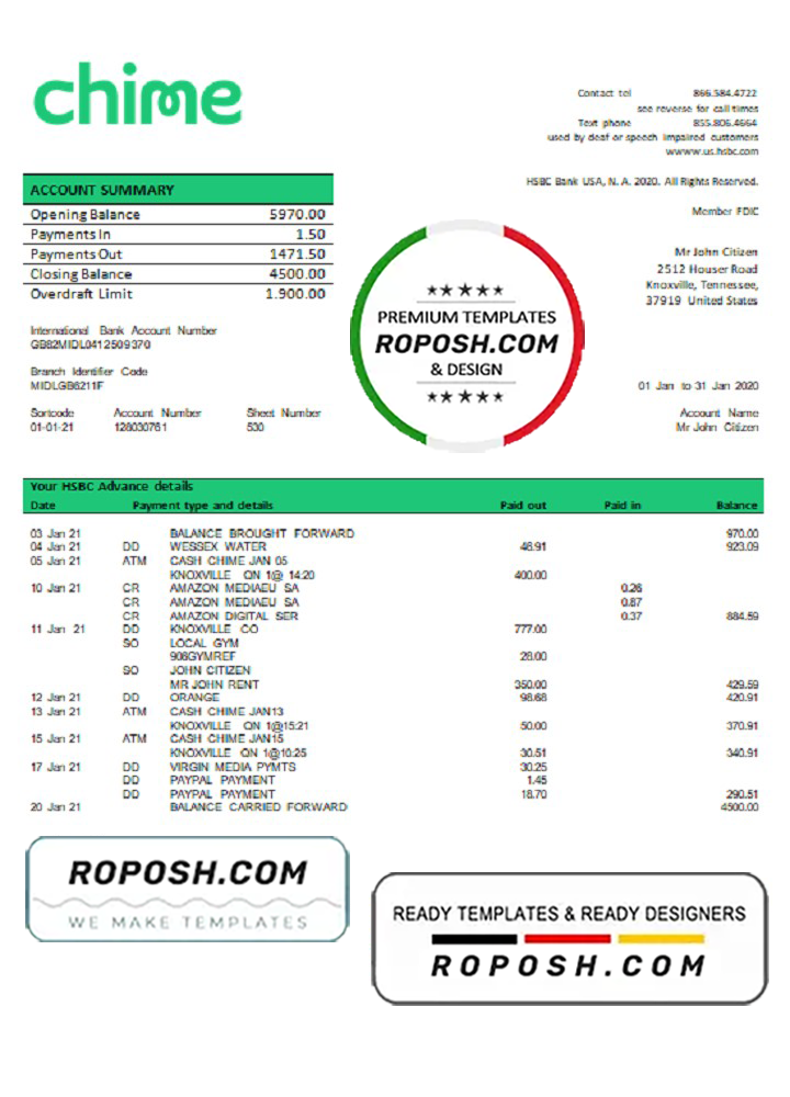 USA San Francisco CHIME bank statement template in Word and PDF format