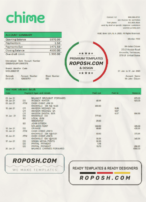 USA San Francisco CHIME bank statement template in Word and PDF format