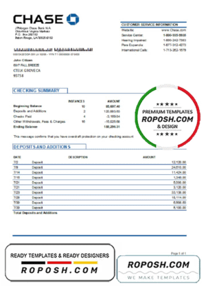 USA JP Morgan Chase bank proof of address statement template in Word and PDF format, .doc and .pdf format
