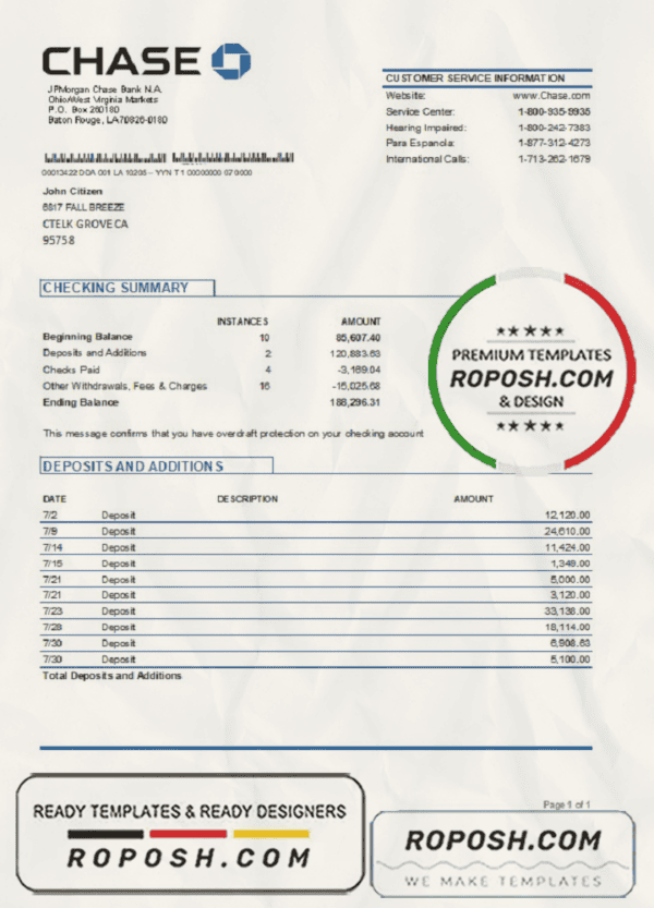 USA JP Morgan Chase bank proof of address statement template in Word and PDF format, .doc and .pdf format