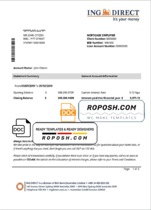 Australia ING Direct bank statement easy to fill template in Word and PDF format