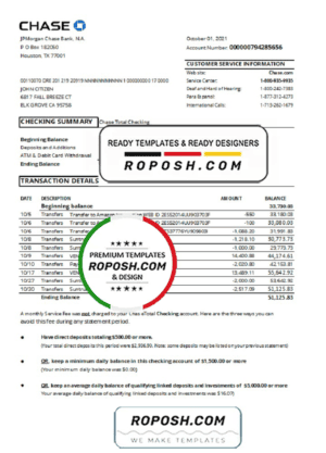 USA Chase account statement easy to fill template in Excel and PDF format