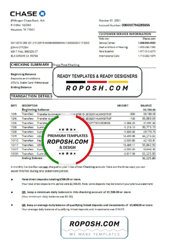 USA Chase account statement easy to fill template in Excel and PDF format