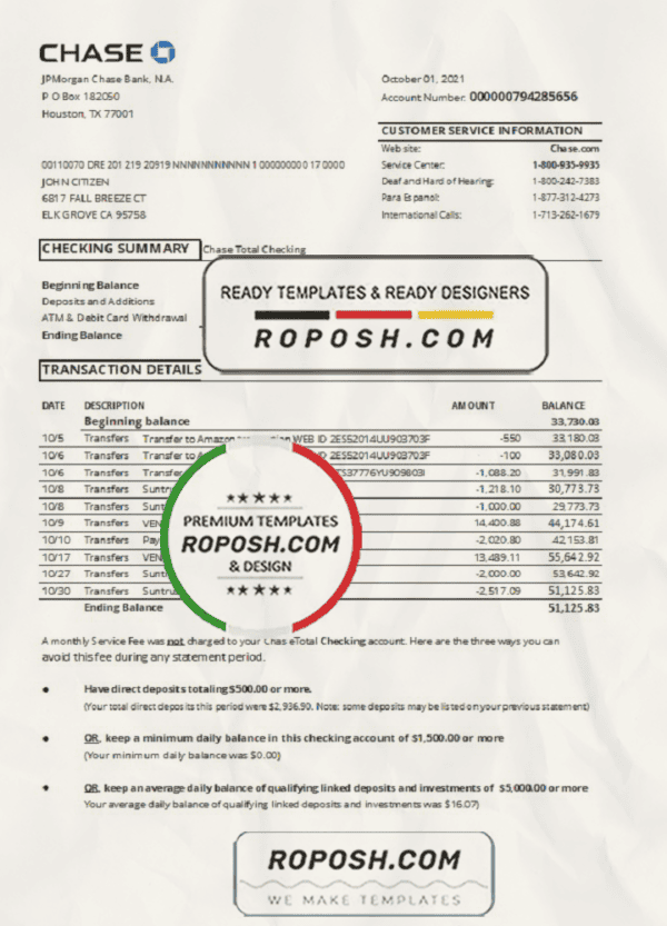 USA Chase account statement easy to fill template in Excel and PDF format